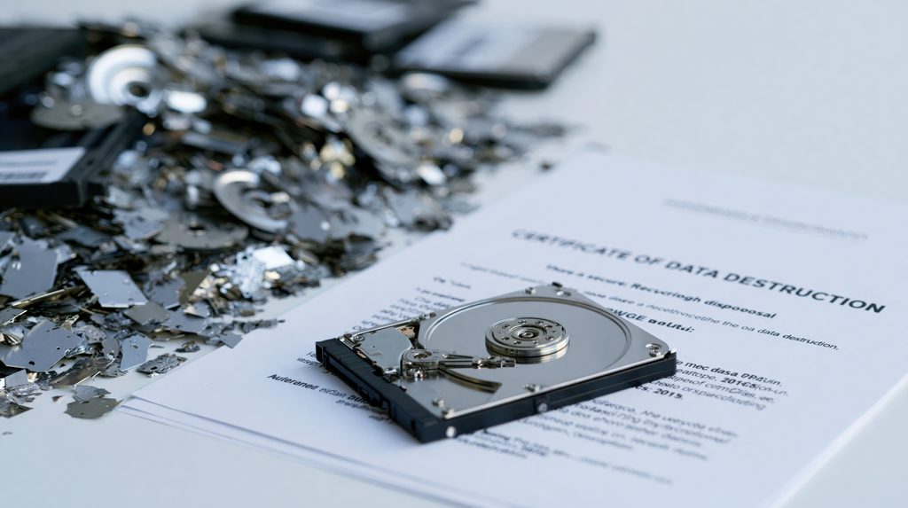 Certificate of data destruction document beside a pile of shredded hard drive components
